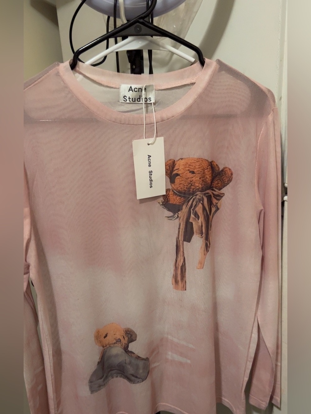 Acne Studioa Light Pink Long-Sleeve Mesh Tee with Teddy Print